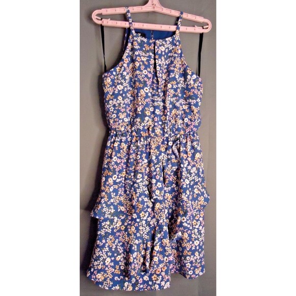 iZ Byer Ruffled Tank Summer Dress Blue Floral Sleeveless Casual Size Medium - Picture 2 of 8